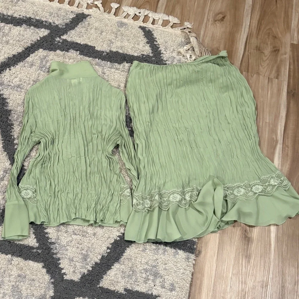 Dressbarn Sage Green Crinkle Lace Skirt Set Fairycore Cottagecore Vintage xx
